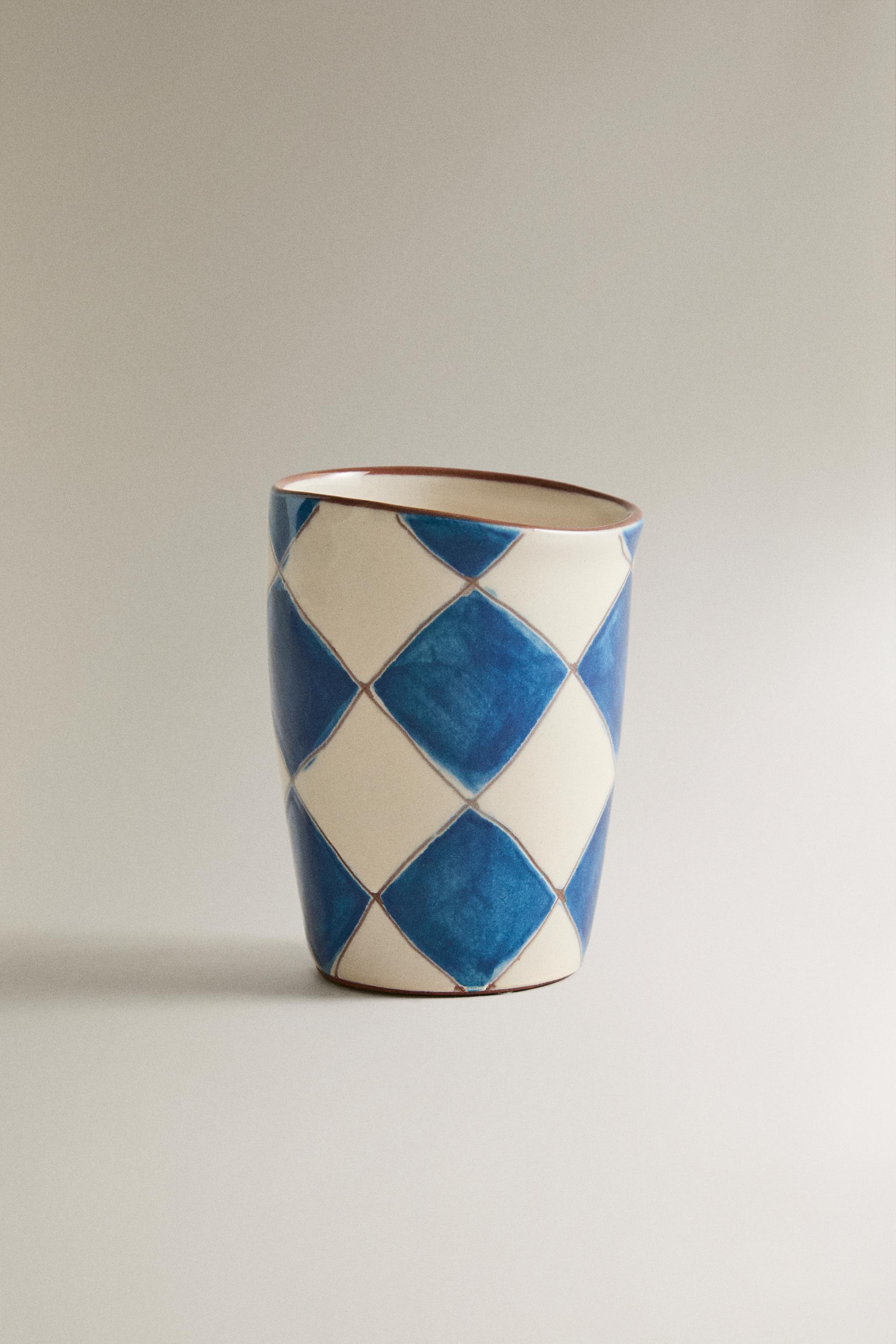 VERRE BROSSE À DENTS CÉRAMIQUE LOSANGES BLEUS